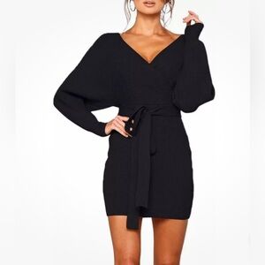 Zonsaoja Sweater Dress Sexy V Neck Long Sleeve Backless Wrap Knitted Mini Dress